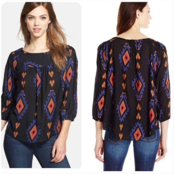 Lucky Brand Tops - LUCKY BRAND Amelia Boho Peasant Top Blouse Aztec Tribal Print Size XL
